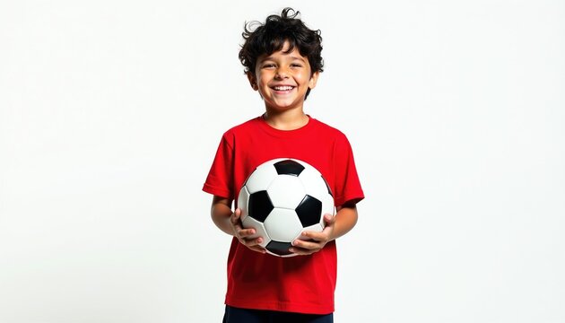 Young boy in red shirt smiles holding soccer ball. Happy kid isolated on white background, excited for football game. Youthful player, childhood joy.