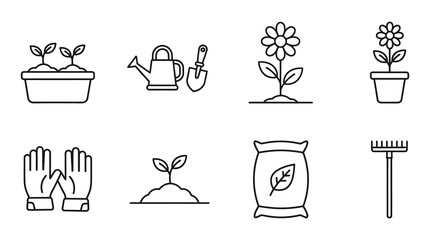 flat design gardening tools and plants set with watering can and seedling illustration © Rakib