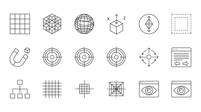 set of flat design science and technology icons with grid and 3d geometric shapes