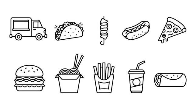 flat lay fast food icons set with delivery truck and takeout containers on white background