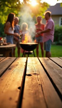 People enjoying barbecue party in backyard garden. Friends gather around grill with flames cooking food. Sunny day, relaxed atmosphere, good company, summer leisure.