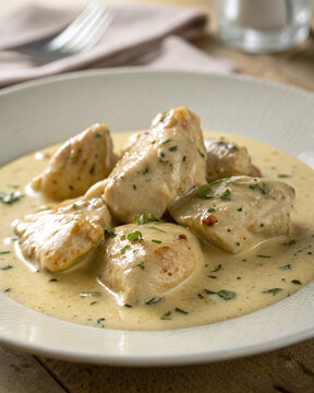 Photorealistic chicken fricassee with creamy sauce, tender pieces and herbs on butter seamless, warm classic minimal composition