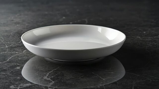 White ceramic shallow bowl dark marble countertop with soft reflection and minimal moody elegant