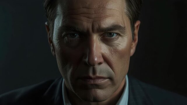 Middle aged male portrait face with dramatic low key lighting intense expression serious man