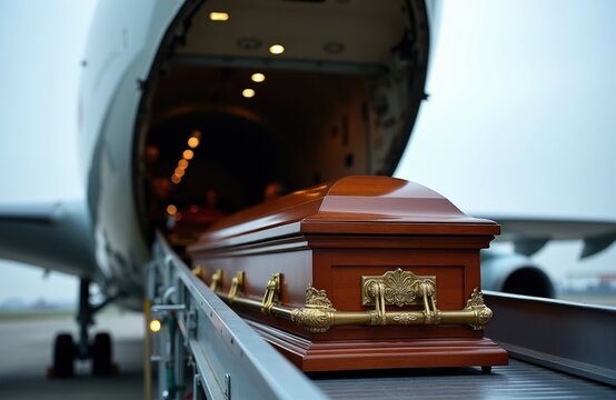 Wooden coffin with ornate handles is loaded into an airplane cargo bay. Air transport of deceased person for international burial or repatriation services.