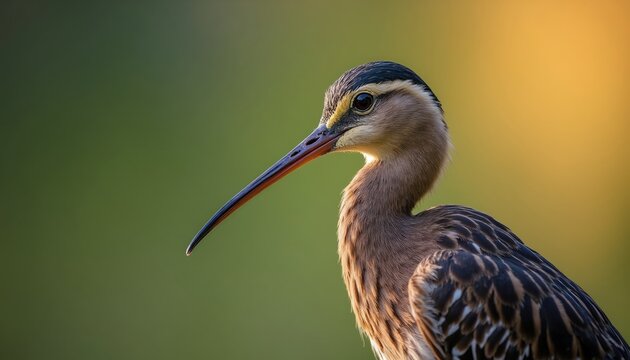 Close-up portrait of a snipe bird in natural habitat. This feathered creature has long beak and detailed plumage. Bird watches intently in green outdoors.