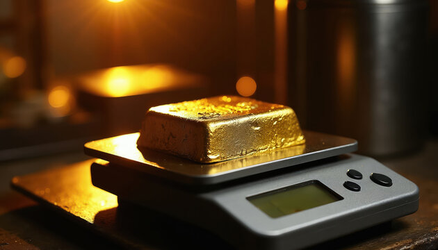 Gold bar rests on digital scale platform. Precise weighing instrument measures precious metal value. Shiny ingot reflects warm light, signifying wealth and investment.
