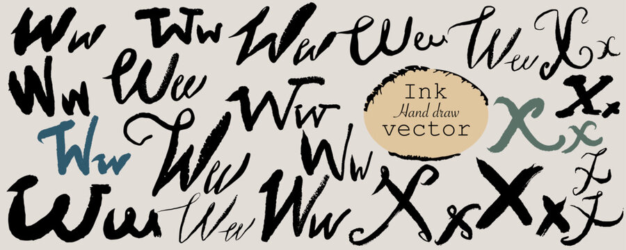 The letters &ldquo;W&rdquo; and &ldquo;X&rdquo; handwritten with ink brush. Vector, isolated.