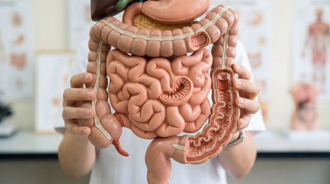 Educational anatomy model showing human digestive system intestines.