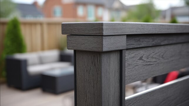 Dark Grey Composite Deck Railing with Realistic Wood Grain Texture Outdoors