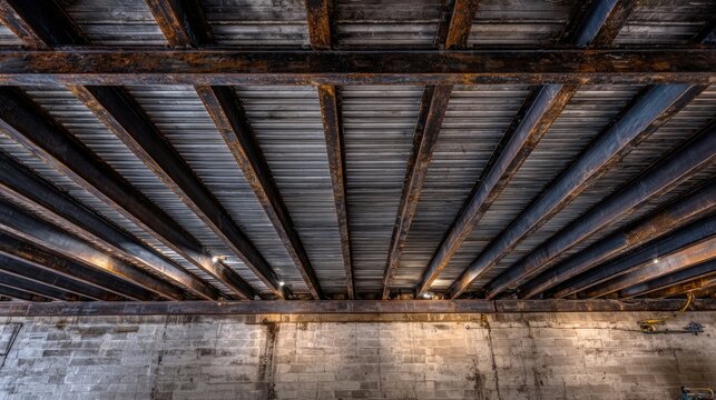 Dark Exposed Structural Steel Beams Forming a Raw Industrial Ceiling Framework Overhead