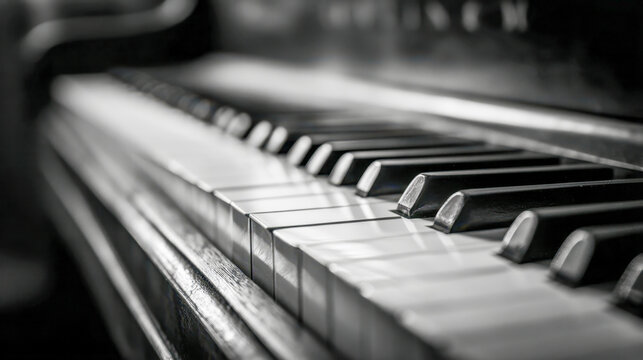 Black and white artistic shot of piano keys showing the classic musical instrument with elegant reflections and depth of field for music themes and creativity