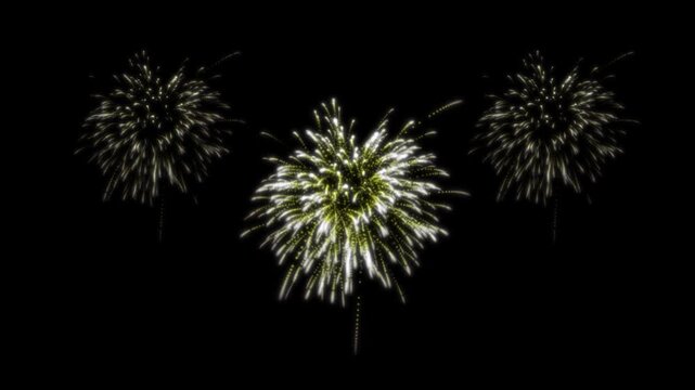 Golden fireworks explosion, glowing sparkle burst, transparent  alpha channel, festive celebration animation, bright light particles display, elegant pyrotechnic effect, black background loop 4k