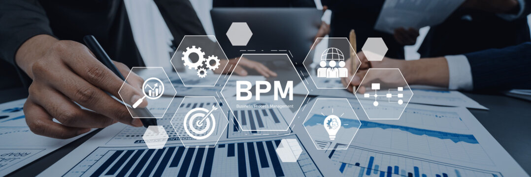 A dynamic business setting showcasing teamwork and innovation in business process management, with charts and visuals emphasizing data analysis and strategic collaboration. Trope