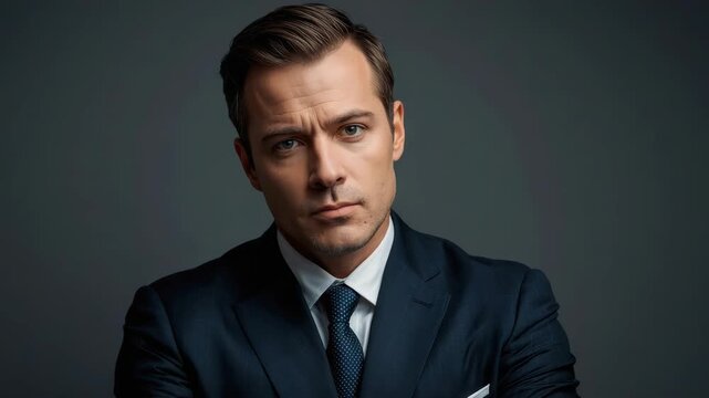 Serious businessman portrait navy suit folded arms confident intense expression dramatic studio