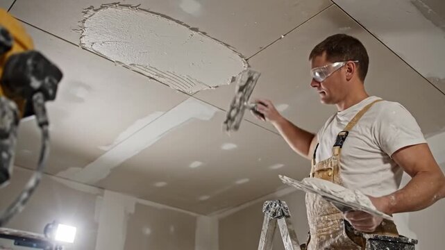 Construction worker in overalls and safety glasses applying plaster compound to a drywall ceiling with a trowel, performing finishing work during a home renovation or new construction project