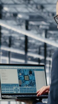 Vertical video Reviewing schematics, laptop and engineer man in semiconductors smart factory. Overseeing integrated circuits infrastructure layouts, EDA software and manager in industry 4.0 plant