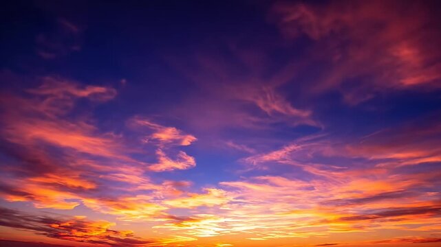 Vibrant sunset sky with orange clouds and purple blue gradient