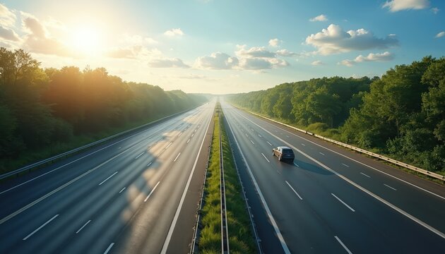 Empty highway stretches towards horizon under bright sun and blue sky. A lone car travels on the right lane surrounded by green trees and fluffy clouds.
