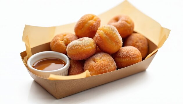 Small sugar-dusted donuts pile in a brown paper tray with a ramekin of caramel dip. Freshly baked mini doughnuts ready for eating, a perfect sweet treat.