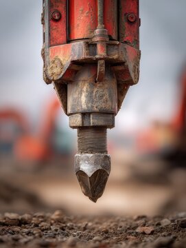 Heavy-duty industrial drilling machine with worn metal bit working on rugged soil at construction site during overcast weather conditions