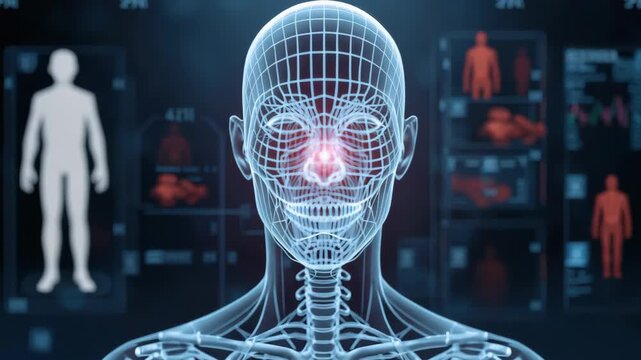 Futuristic medical anatomy nasal diagnostic scan highlighting sinus area with glowing clinical
