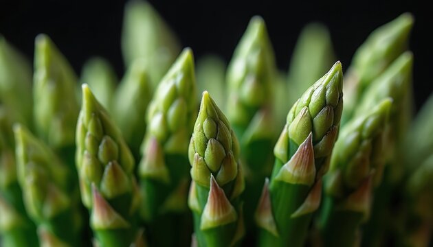 Fresh green asparagus spears with pointed tips are bundled together. This raw vegetable bunch is perfect for healthy cooking and vegan meals. Its bright green color suggests natural goodness.
