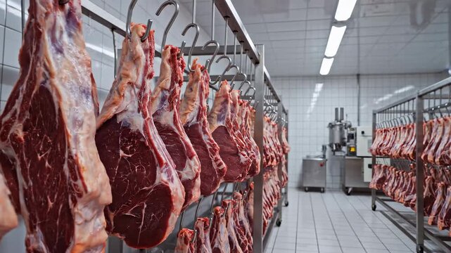 This shows a meat processing plant with rows of fresh meat carcasses hanging from hooks on stainless steel rails, highlighting the facility's clean and modern equipment.