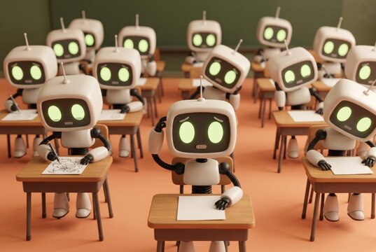 Cute clueless robots failing an exam in a classroom, struggling to write on paper. Concept of students cheating with ChatGPT and AI in school, AI cheating backfiring,  using generative AI