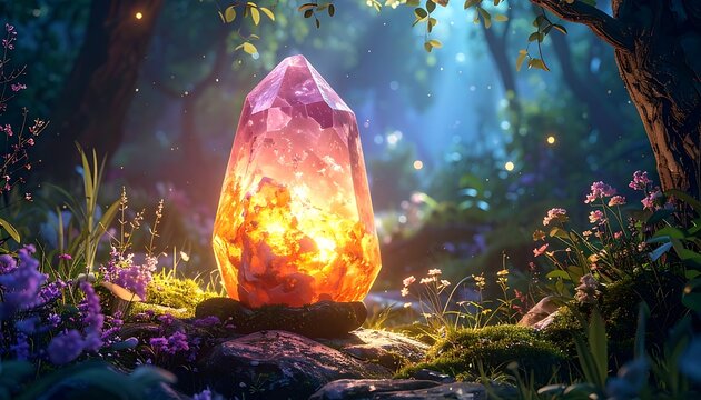 Illuminated crystal glows in a lush forest surrounded by purple flowers and mossy rocks with dappled sunlight overhead