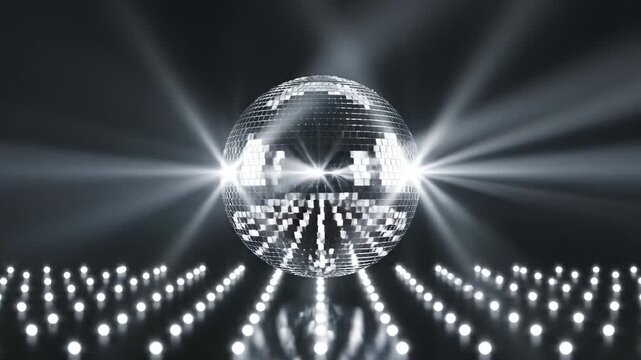 This captures a mesmerizing disco ball spinning in a dark room with flashing lights during a lively retro party. The shiny ball reflects and refracts light, creating a dazzling display of color and