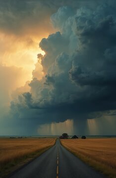 Rural road leads to farm under massive stormy clouds. Golden fields flank asphalt path as rain falls from dark sky. Dramatic natural power looms over countryside.