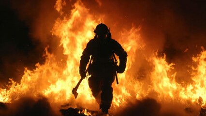 Obraz premium Firefighter strides through roaring flames