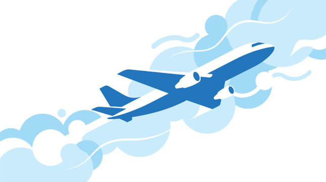 Airplane flies through the sky leaving a trail of clouds behind it in a flat vector design style.