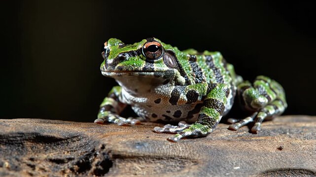 Green spotted frog sitting on a wooden log
