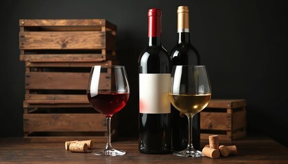 Naklejka premium Two wine bottles with glasses of red and white wine sit near wooden crates. Corks rest on table surface. Cozy atmosphere suggests evening relaxation.