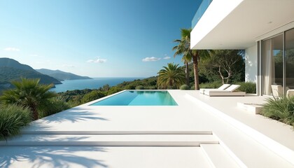 Obraz premium Modern white villa with infinity pool offers stunning sea views. Rich green hillsides, palm trees surround luxurious outdoor space. Upscale vacation home embodies relaxation, serene coastal living.