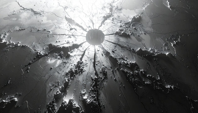 Cosmic Crater: A dramatic, high-angle monochrome shot showcases a large crater-like structure, with a central sphere, radiating outwards like an imploded supernova. 