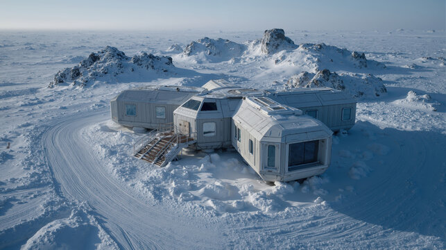 Arctic research station on snowy landscape with rocky hills in icy wilderness, concept of science and polar terrain