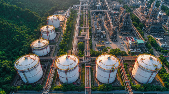 Aerial view of industrial oil refinery, factory with large storage tanks in green forested terrain, concept of energy and natural gas