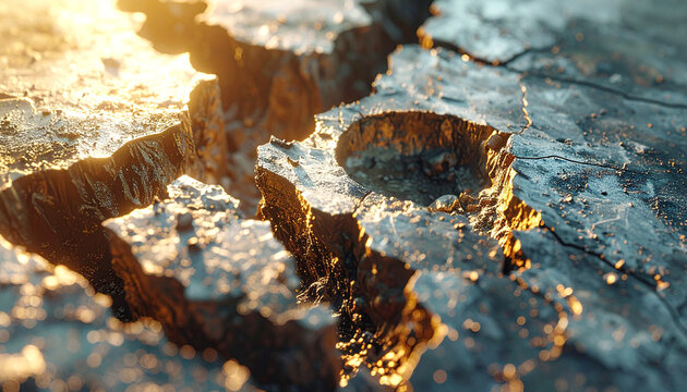Cracked Earth's Scar: A dramatic close-up reveals a deep fissure slicing through the parched earth, illuminated by a harsh light.