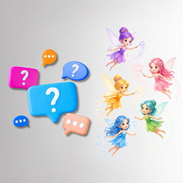 Fairies and speech bubbles with question symbols create a poll voting ideas answer solution business concept on light background for problem solving and creative communication.