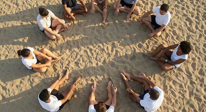 Diverse group of people sitting in a circle on sandy beach, seen from above. Teamwork, community, relaxation, outdoor activity.