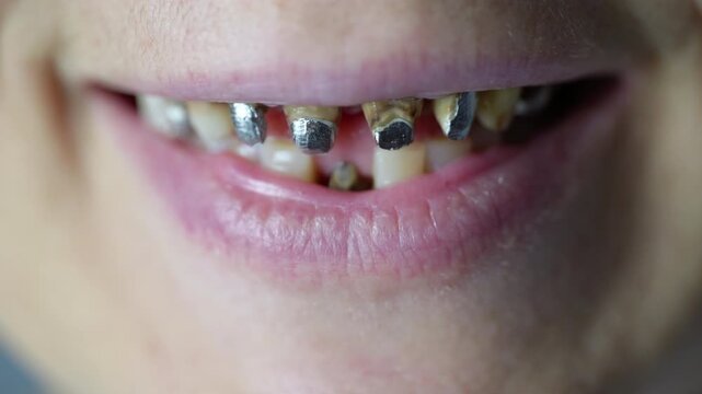 Dental restoration. Close-up of teeth with metal inlays