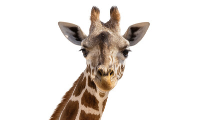 Obraz premium Isolated giraffe head and neck portrait with direct gaze, majestic African wildlife animal