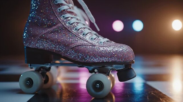 This captures a sparkly roller skate on a dance floor with colorful lights in the background, evoking the fun and energetic atmosphere of a disco party. The close-up shot highlights the glittery