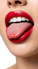 Naklejka premium close-up of woman showing bright red lipstick and tongue in natural light