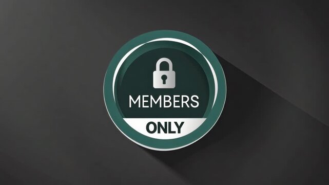 Members only badge with lock icon on a dark charcoal background. Circular dark green and white button design for exclusive access, VIP subscription, and restricted privacy concepts.