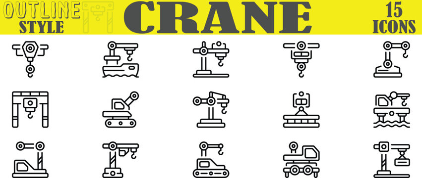 Vector Industrial Crane Lifting and Heavy Construction Equipment Outline Icons