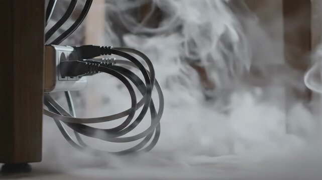 Electrical Overload - Smoke Billows from Overheated Power Strip and Cables.